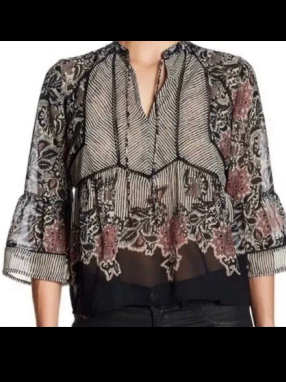 Lucky Brand Mixed Print Boho Peasant Blouse Striped Floral Bell Sleeve Size 3X - Picture 2 of 11